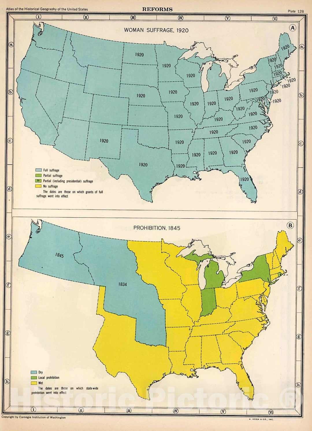 Historic Map : Plate 128. Woman Suffrage, 1920. Prohibition, 1845., 1932, Vintage Wall Decor