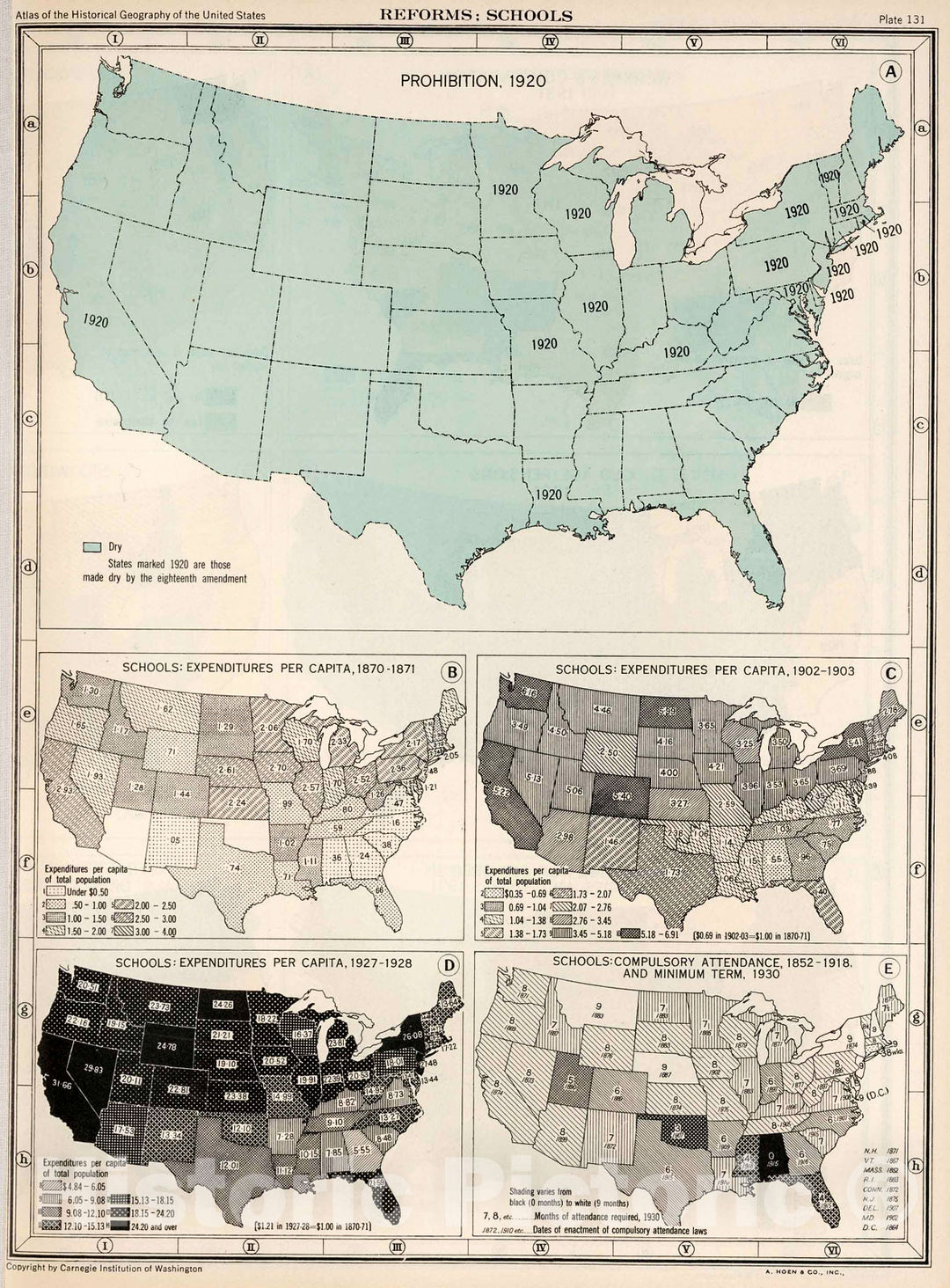 Historic Map : Plate 131. Reforms. Prohibition, 1920. Schools: Expenditures per Capita, 1870 - 1928., 1932, Vintage Wall Decor