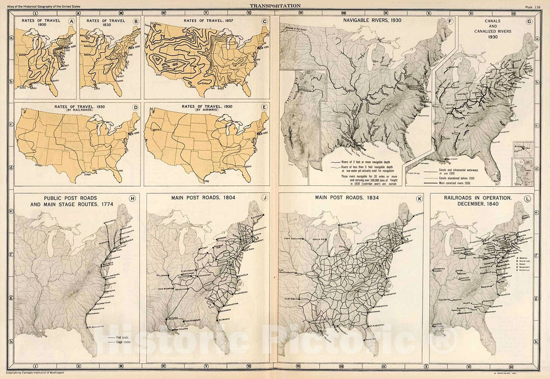 Historic Map : Plate 138. Transportation. Rates of Travel, 1800 - 1930. Navigable Rivers. Canals. Main Post Roads., 1932, Vintage Wall Decor