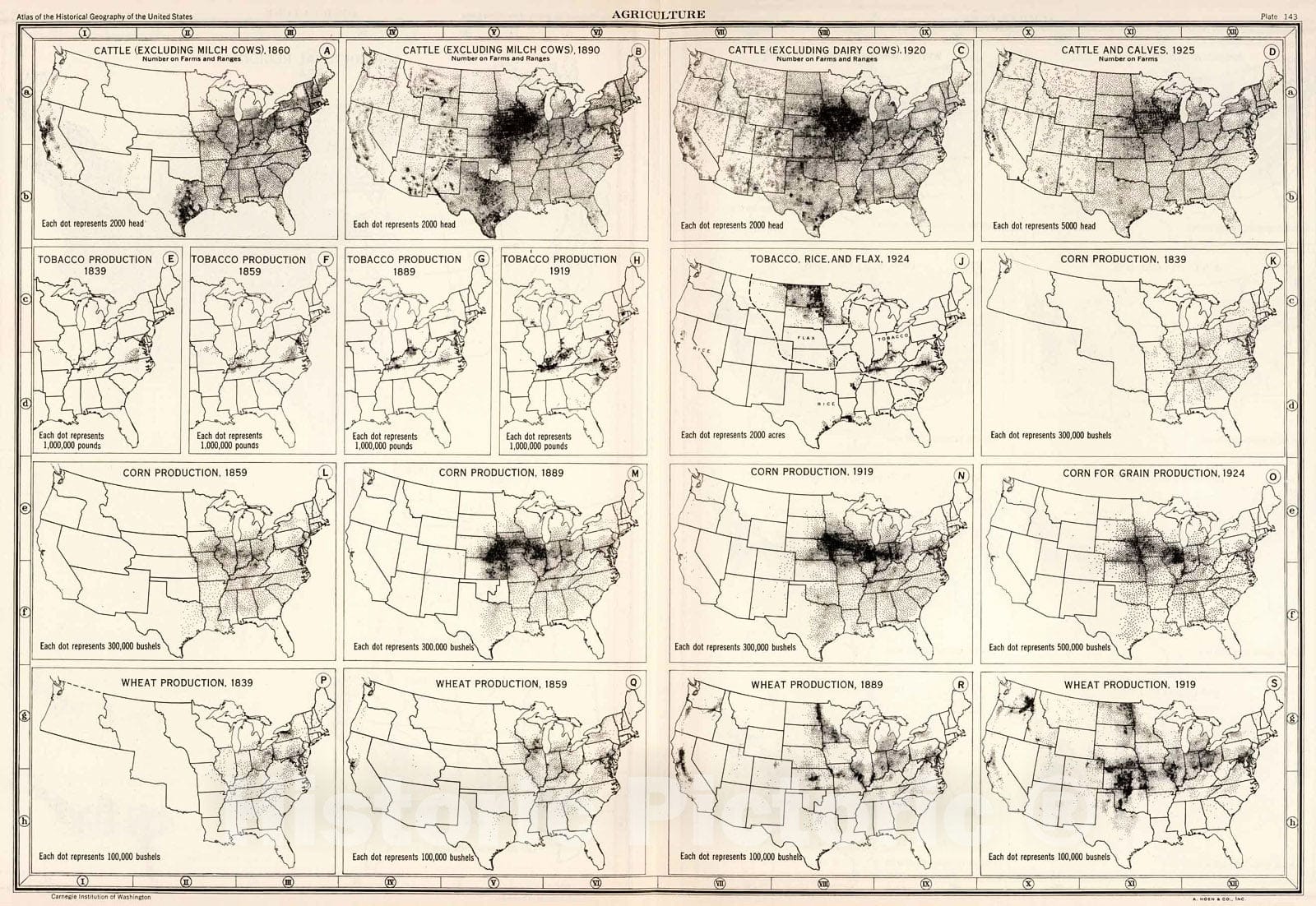 Historic Map : Plate 143. Agriculture. Cattle, 1860 - 1925. Tobacco, 1839 - 1924. Corn, 1839 - 1924. Wheat, 1839 - 1919., 1932, Vintage Wall Decor