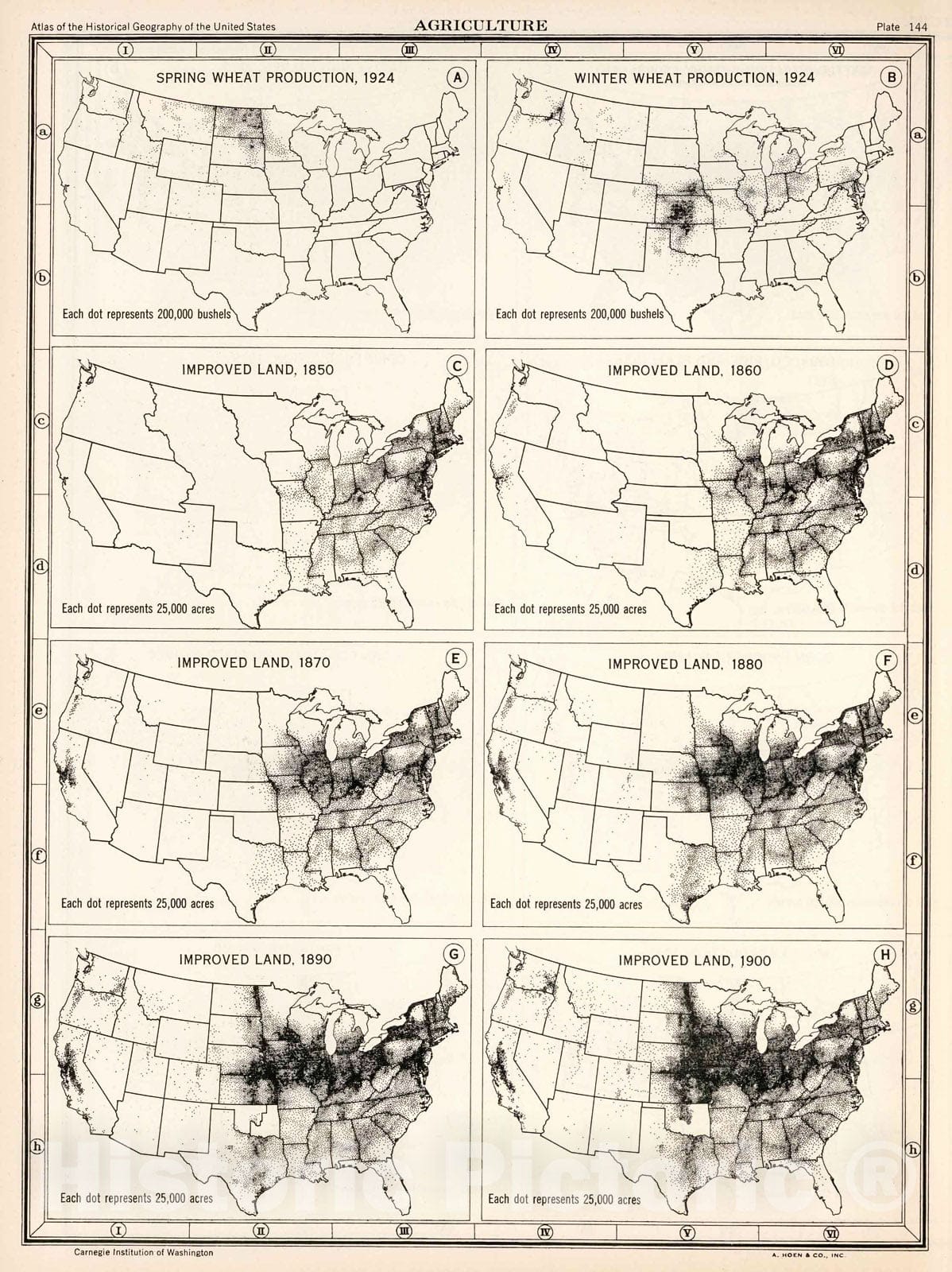 Historic Map : Plate 144. Agriculture. Wheat, 1924. Improved Land, 1850 - 1900., 1932, Vintage Wall Decor