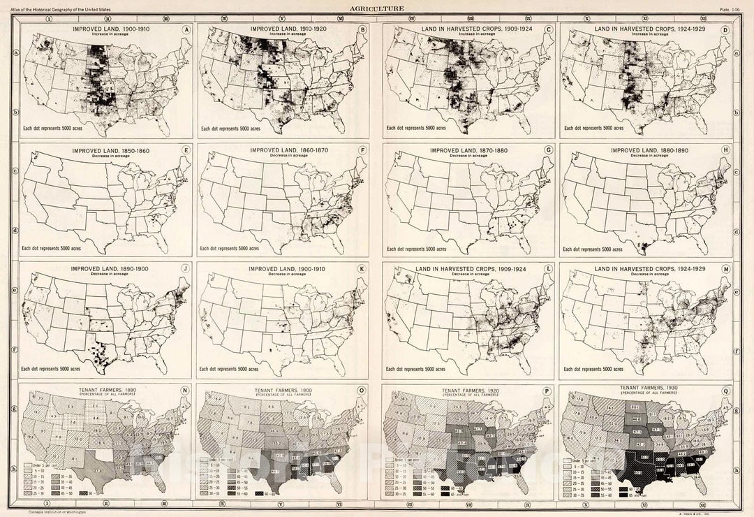 Historic Map : Plate 146. Agriculture. Improved Land, 1900 - 1929. Tenant Farmers, 1880 - 1930., 1932, Vintage Wall Decor