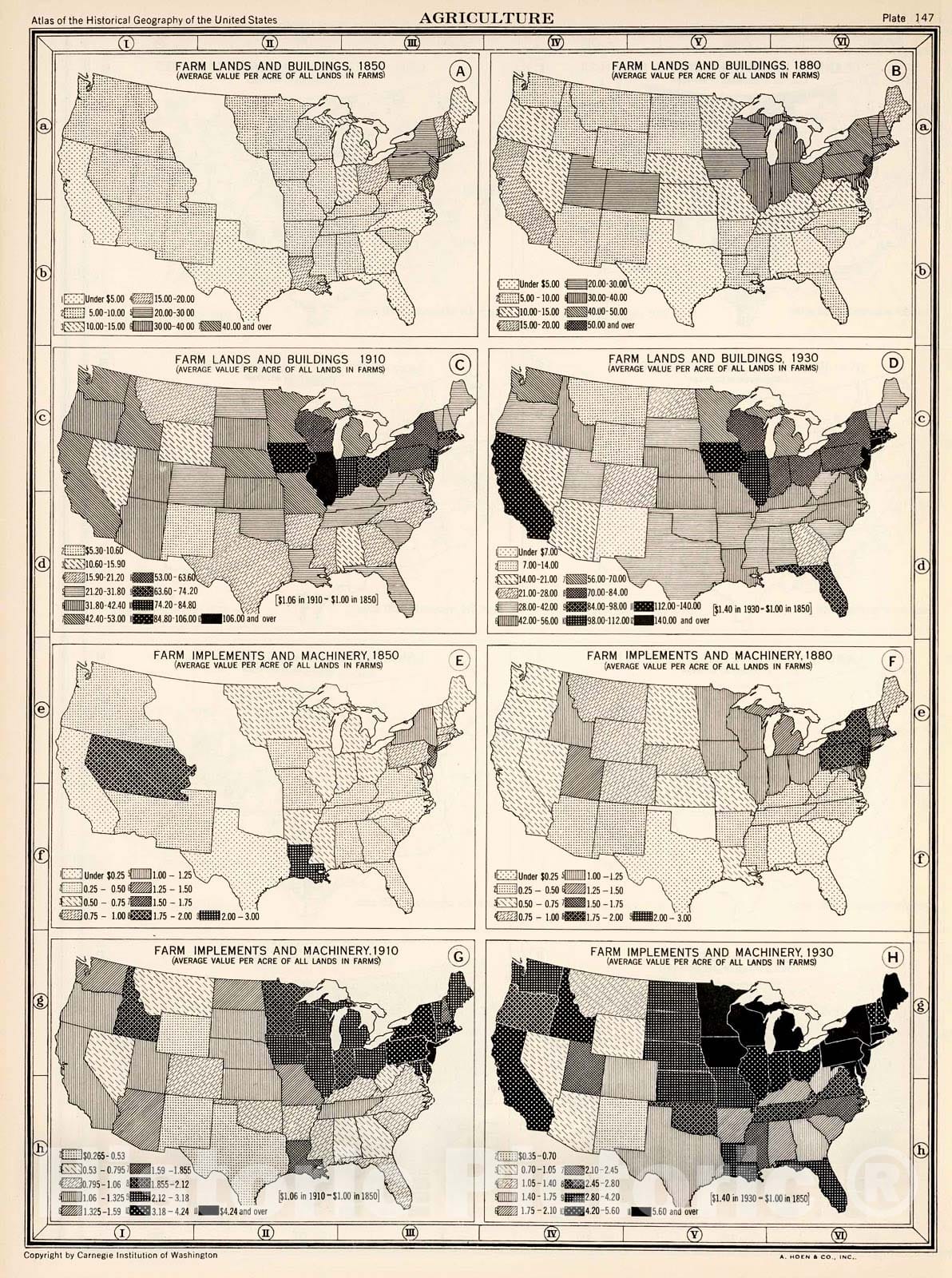 Historic Map : Plate 147. Agriculture. Farm Lands and Buildings, 1850 - 1930. Farm Implements and Machinery, 1850 - 1930., 1932, Vintage Wall Decor