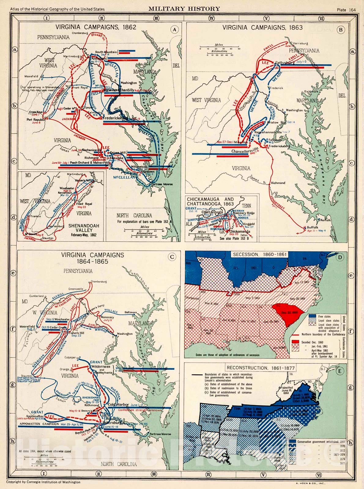 Historic Map : Plate 164. Military History. Virginia Campaigns, 1862 - 1865. Sucession 1860 - 1861. Reconstruction, 1861 - 1877., 1932, Vintage Wall Decor