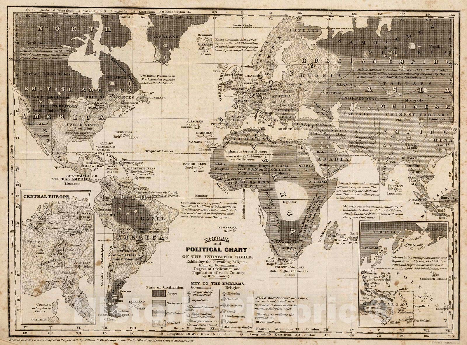 Historic Map : Moral And Political Chart Of the Inhabited World, 1845, Vintage Wall Decor