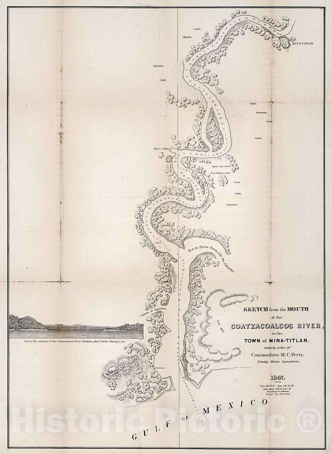 Historic Map : No.4. Sketch from the mouth of the Coatzacoalcos River to the town of Mina-Titlan, 1852, Vintage Wall Decor