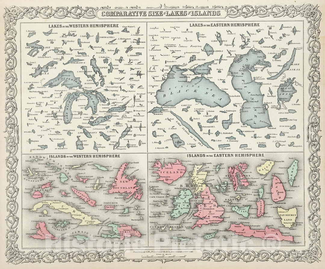 Historic Map : Comparative Size of Lakes and Islands of the world., 1874, Vintage Wall Decor