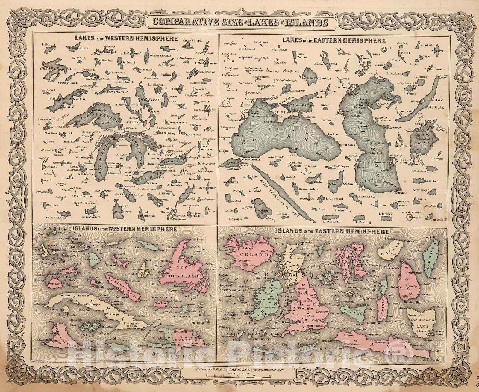 Historic Map : Comparative Size of Lakes and Islands., 1866, Vintage Wall Decor