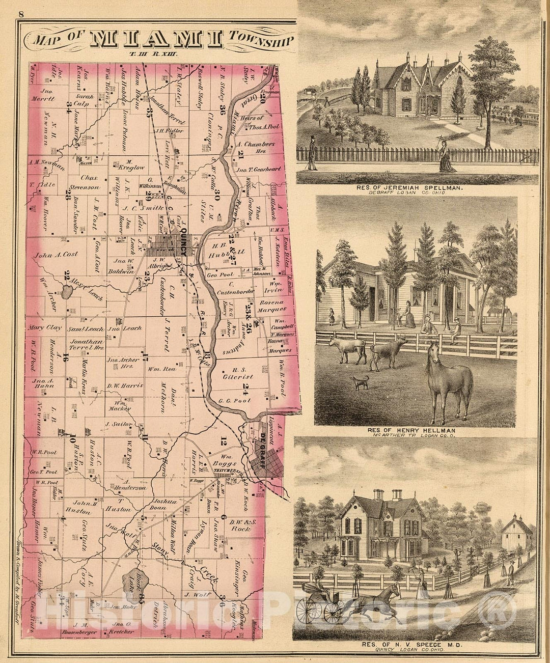 Historic Map : Miami Township, Logan County, Ohio. Views: Residences of Jeremiah Spellman, Henry Hellman, and N.V. Speece., 1875, Vintage Wall Decor