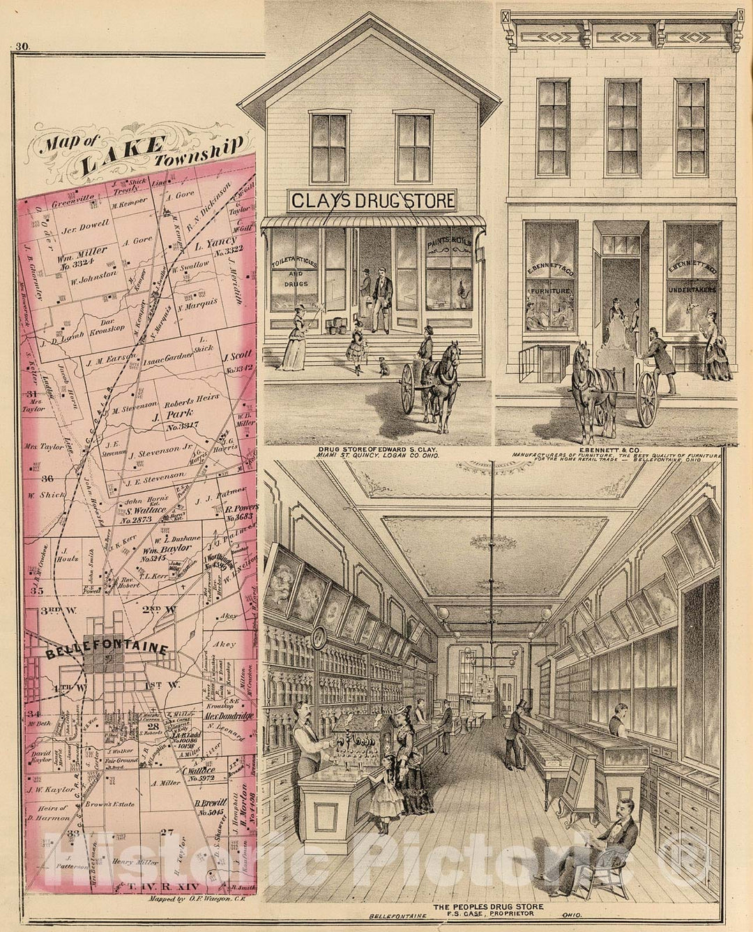 Historic Map : Lake Township, Logan County, Ohio. Properties of Edward S. Clay, E. Bennett & Co., and F.S. Case., 1875, Vintage Wall Decor