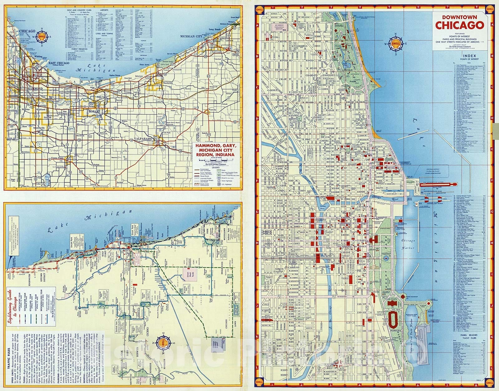 Historic Map : Downtown Chicago. Hammond, Gary, Michigan City Region, Indiana. Sightseeing Guide to Chicago., 1956, Vintage Wall Decor