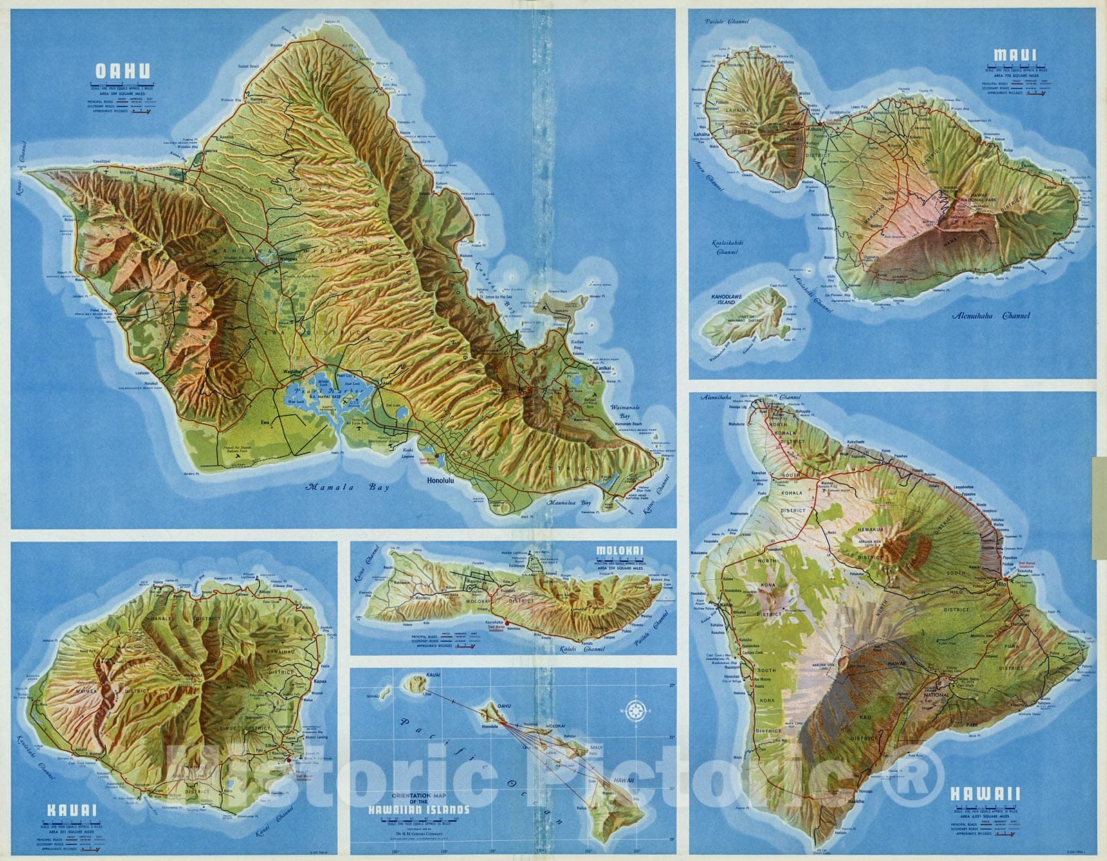 Historic Map : Oahu. Kauai. Maui. Molokai. Hawaii. Hawaiian Islands., 1956, Vintage Wall Decor