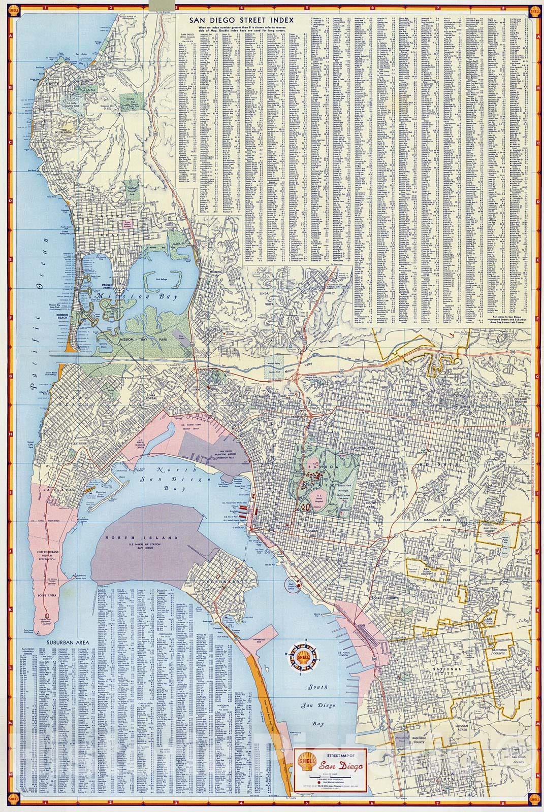 Historic Map : Shell Street Map of San Diego., 1956, Vintage Wall Decor