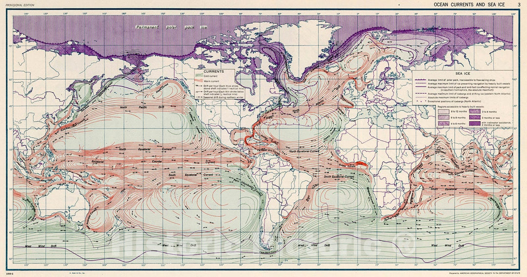 Historic Map : Ocean Current and Sea Ice 3., 1943, Vintage Wall Decor