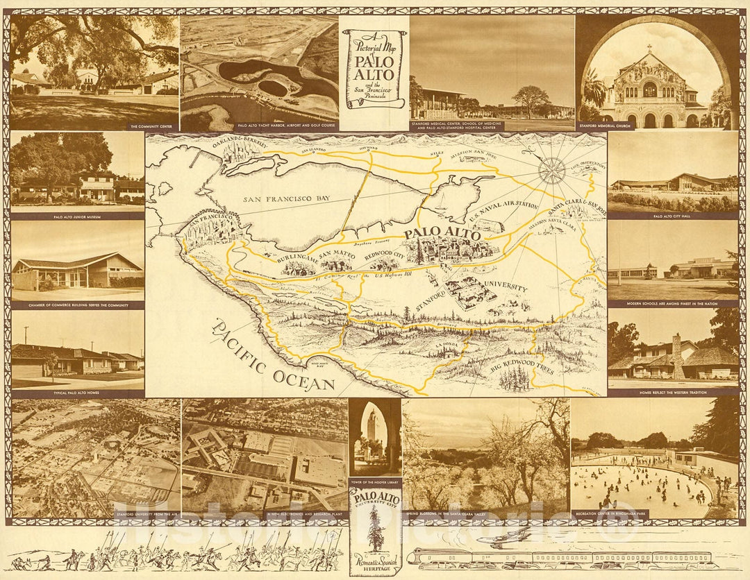 Historic Map : A Pictorial Map of Palo Alto and San Francisco Peninsula by Arthur Lites., 1960, Vintage Wall Decor