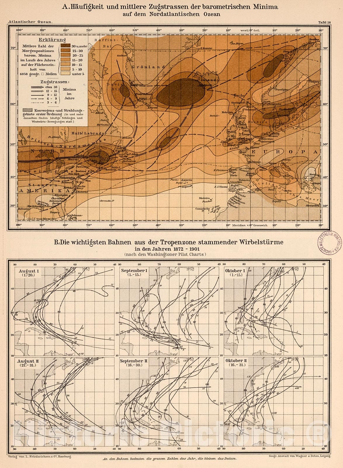 Historic Map : Haufigkeit und mittlere Zugstrassen der barometrischen minima, 1902, Vintage Wall Decor