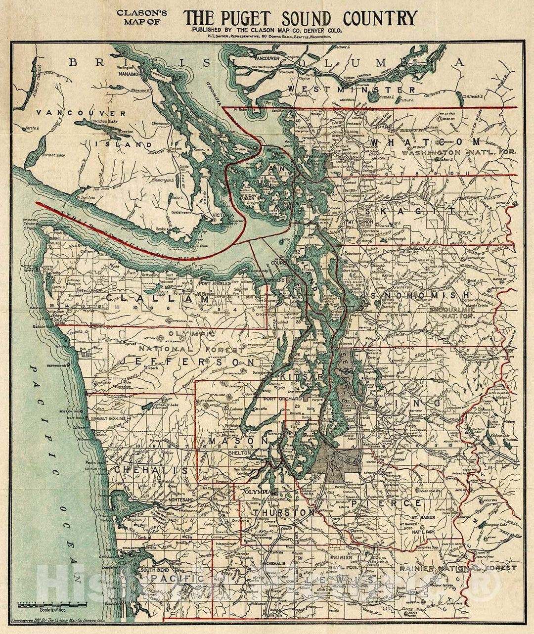 Historic Map : Clason's Map of The Puget Sound Country., 1910, Vintage Wall Decor