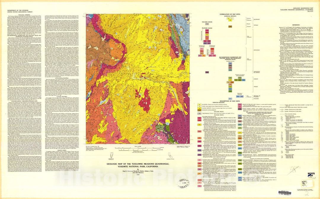 Map : Geologic map of the Tuolumne Meadows quadrangle, Yosemite National Park, California, 1983 Cartography Wall Art :