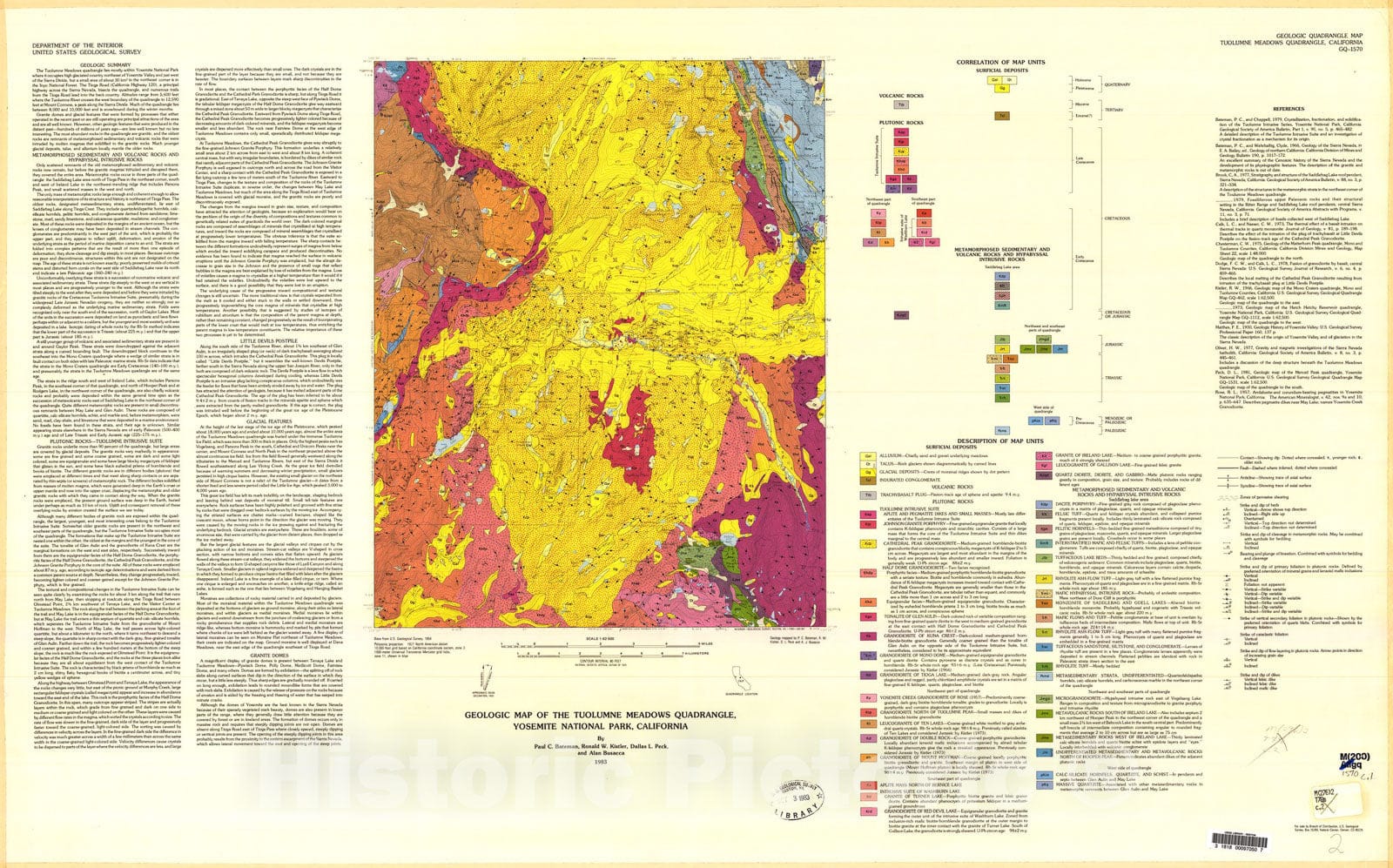 Map : Geologic map of the Tuolumne Meadows quadrangle, Yosemite National Park, California, 1983 Cartography Wall Art :