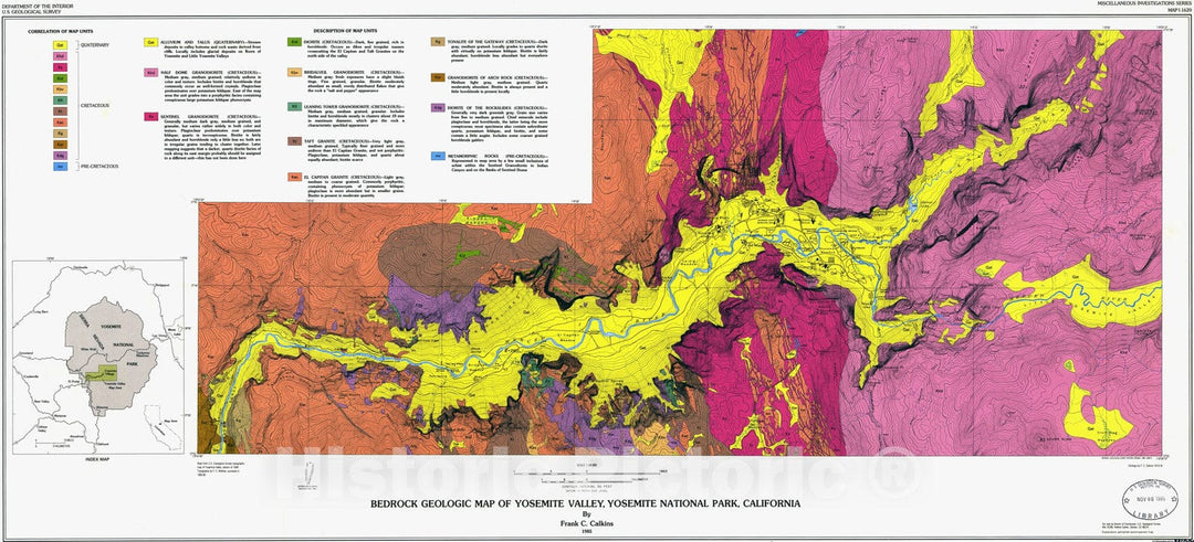 Map : Bedrock geologic map of Yosemite Valley, Yosemite National Park, California, 1985 Cartography Wall Art :