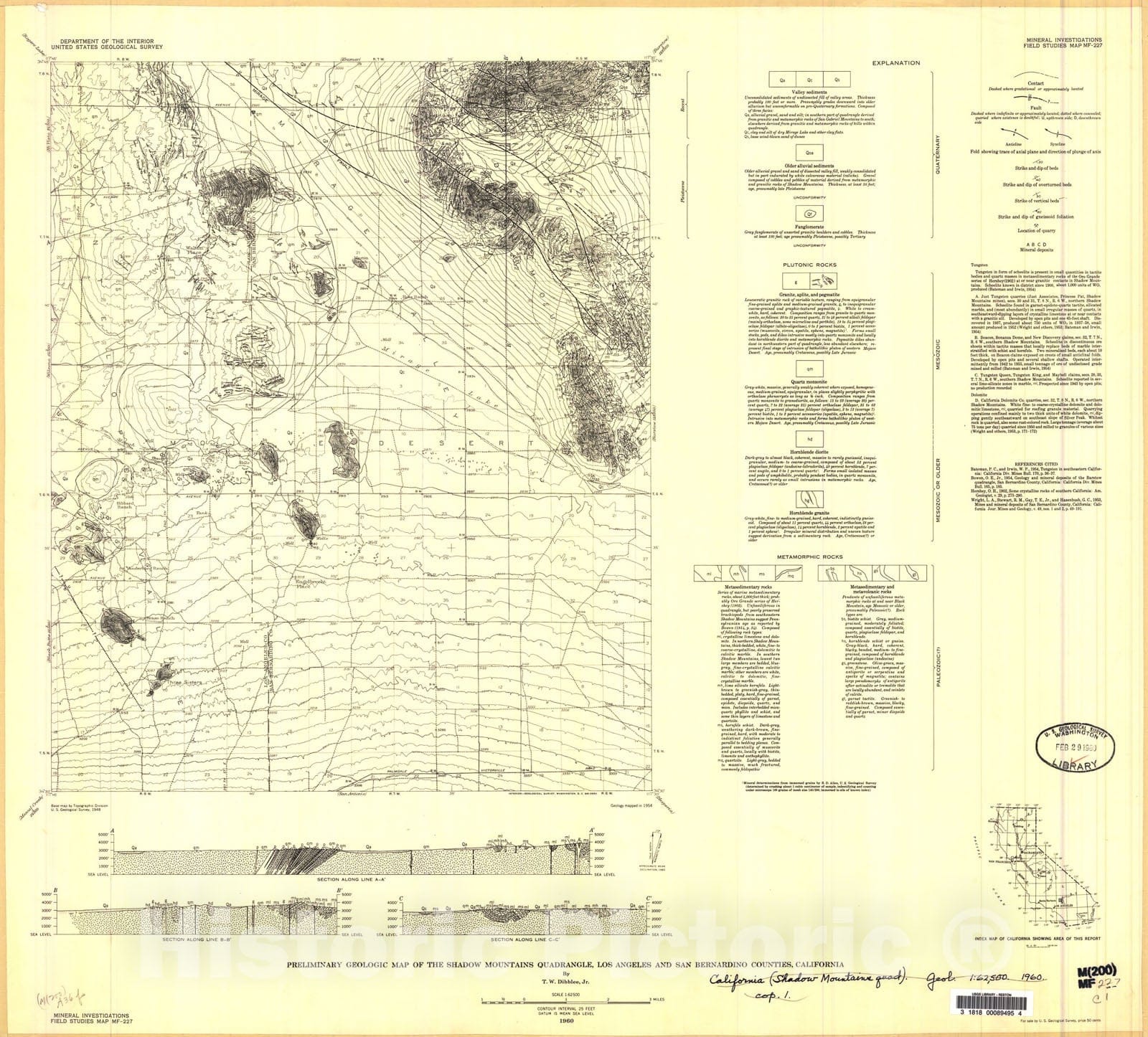 Map : Preliminary geologic map of the Shadow Mountains quadrangle, Los Angeles and San Bernardino Counties, California, 1960 Cartography Wall Art :