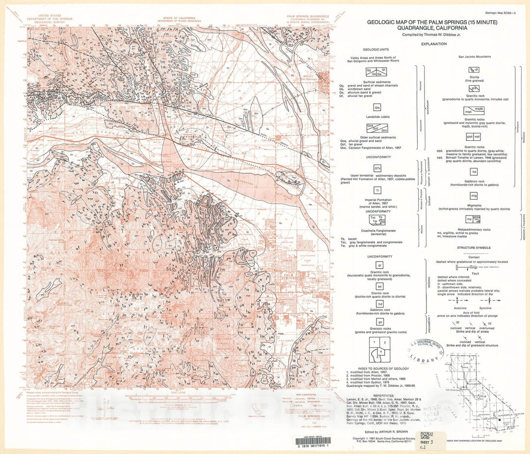 Map : Geologic map of the Palm Springs (15 minute) quadrangle, California, 1982 Cartography Wall Art :