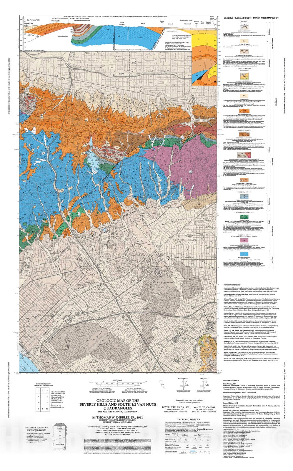 Map : Geologic map of the Beverly Hills and Van Nuys (south 1/2) quadrangles, Los Angeles County, California, 1991 Cartography Wall Art :