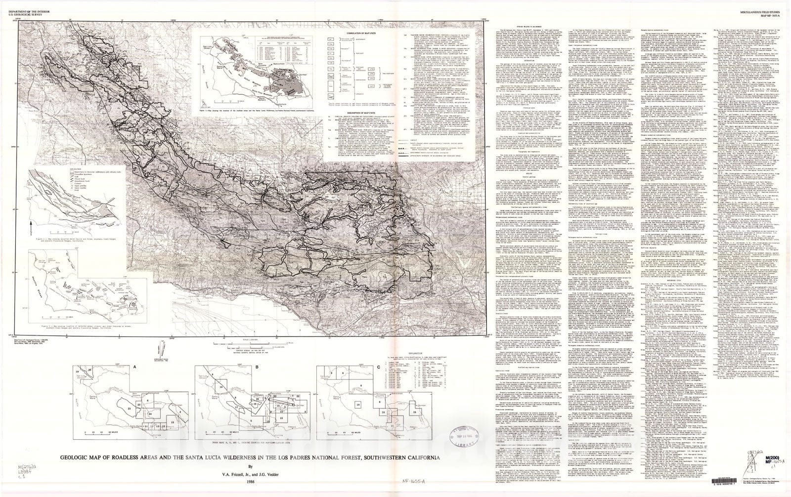 Map : Geologic map of roadless areas and the Santa Lucia Wilderness in the Los Padres National Forest, southwestern California, 1986 Cartography Wall Art :