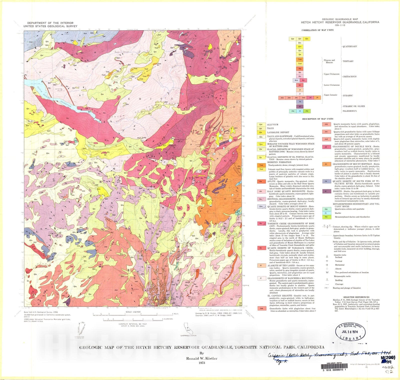 Map : Geologic map of the Hetch Hetchy Reservoir quadrangle, Yosemite National Park, California, 1973 Cartography Wall Art :