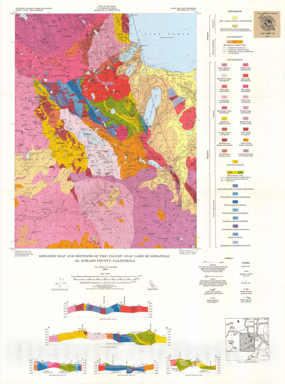 Map : Geology of the Fallen Leaf Lake 15' quadrangle, El Dorado County, California, 1983 Cartography Wall Art :