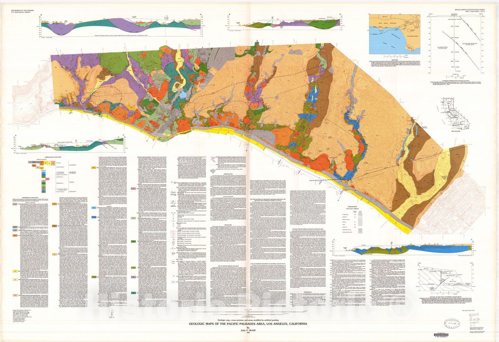 Map : Geologic maps of the Pacific Palisades area, Los Angeles, California, 1989 Cartography Wall Art :