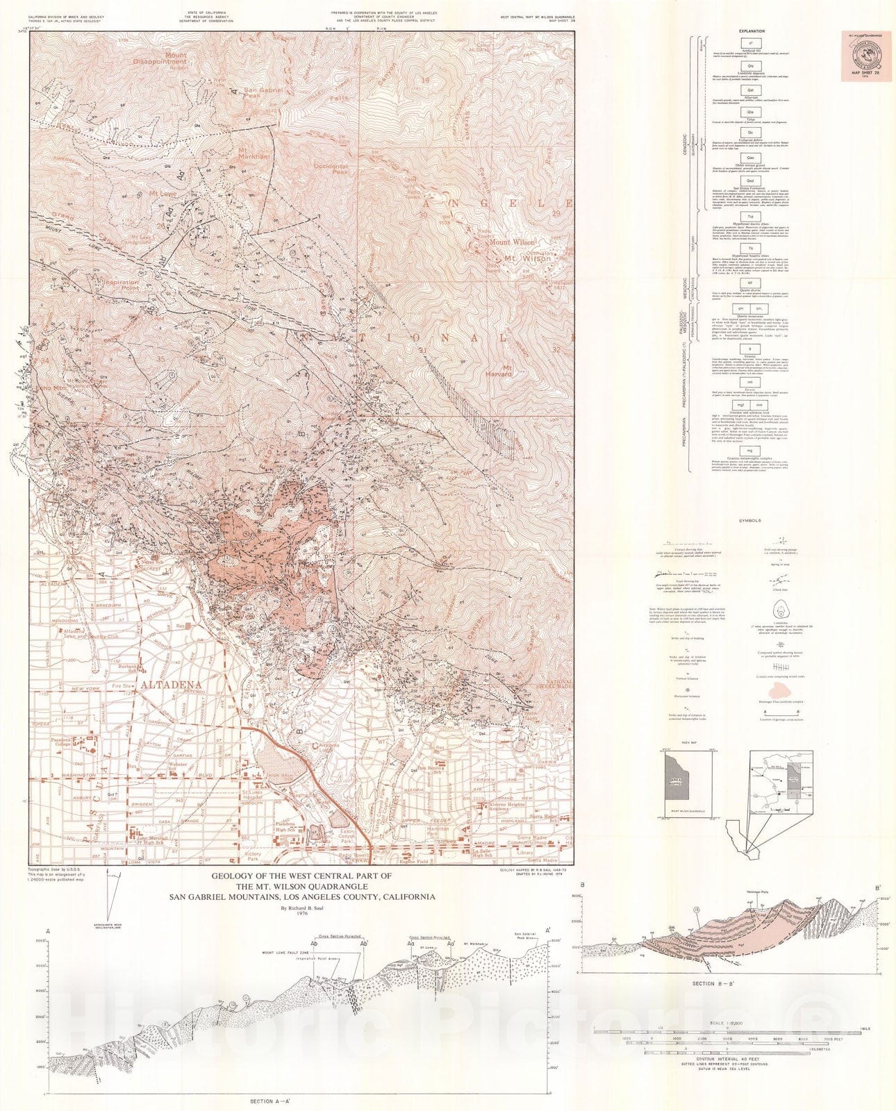 Map : Geology of the west central part of the Mt. Wilson quadrangle, San Gabriel Mountains, Los Angeles County, California, 1976 Cartography Wall Art :