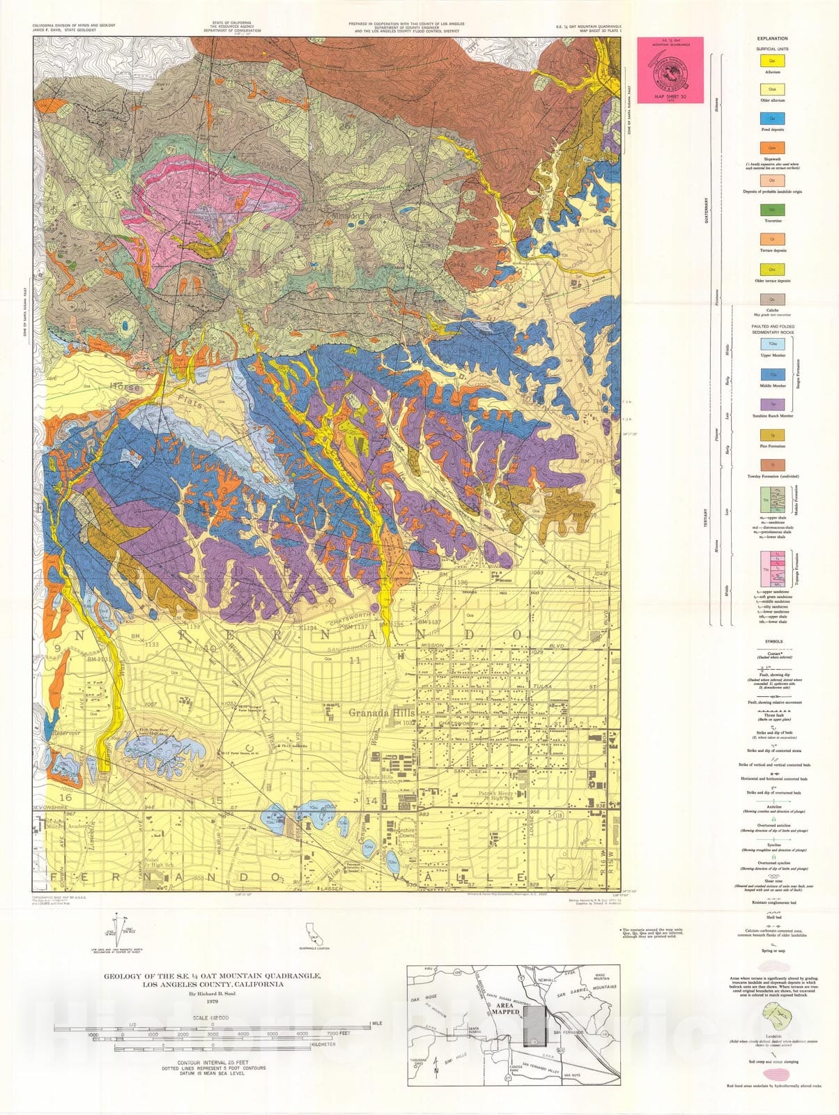 Map : Geology of the southeast quarter of the Oat Mountain quadrangle, Los Angeles County, California, 1979 Cartography Wall Art :