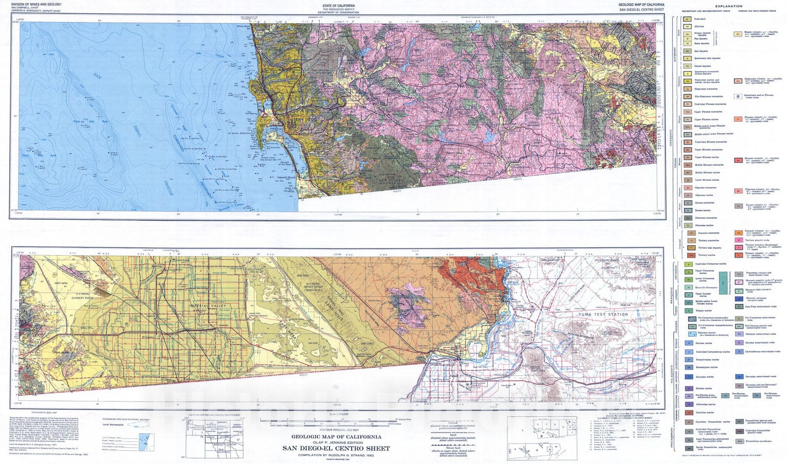 Map : Geologic map of California : San Diego-El Centro sheet, 1962 Cartography Wall Art :