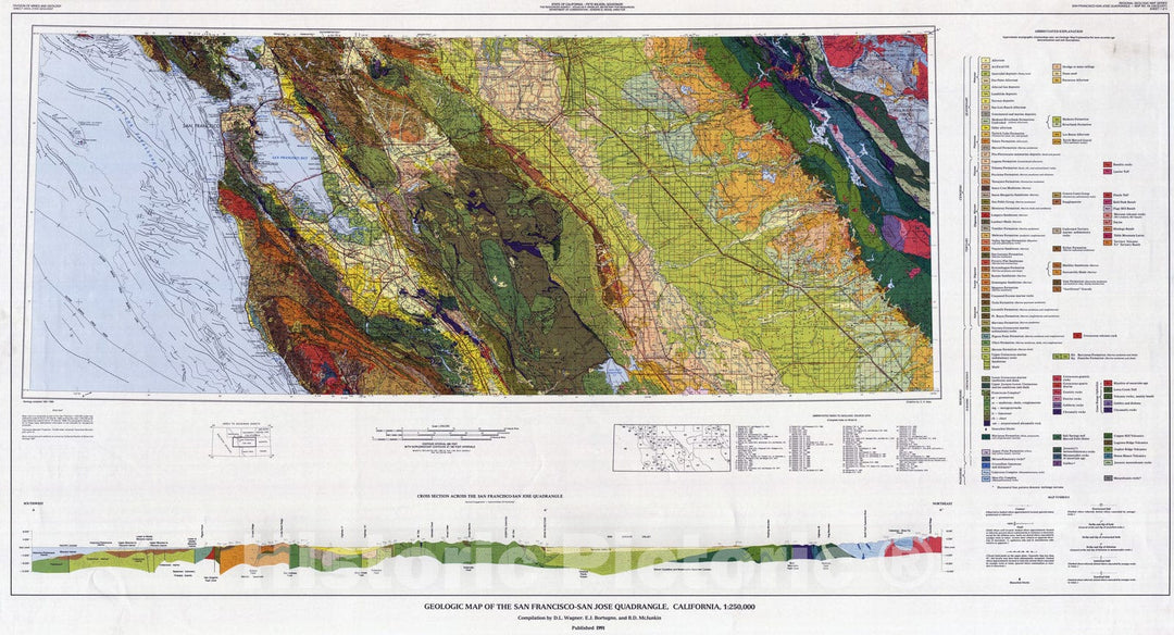 Map : Geologic map of the San Francisco-San Jose quadrangle, California, 1:250,000, 1991 Cartography Wall Art :