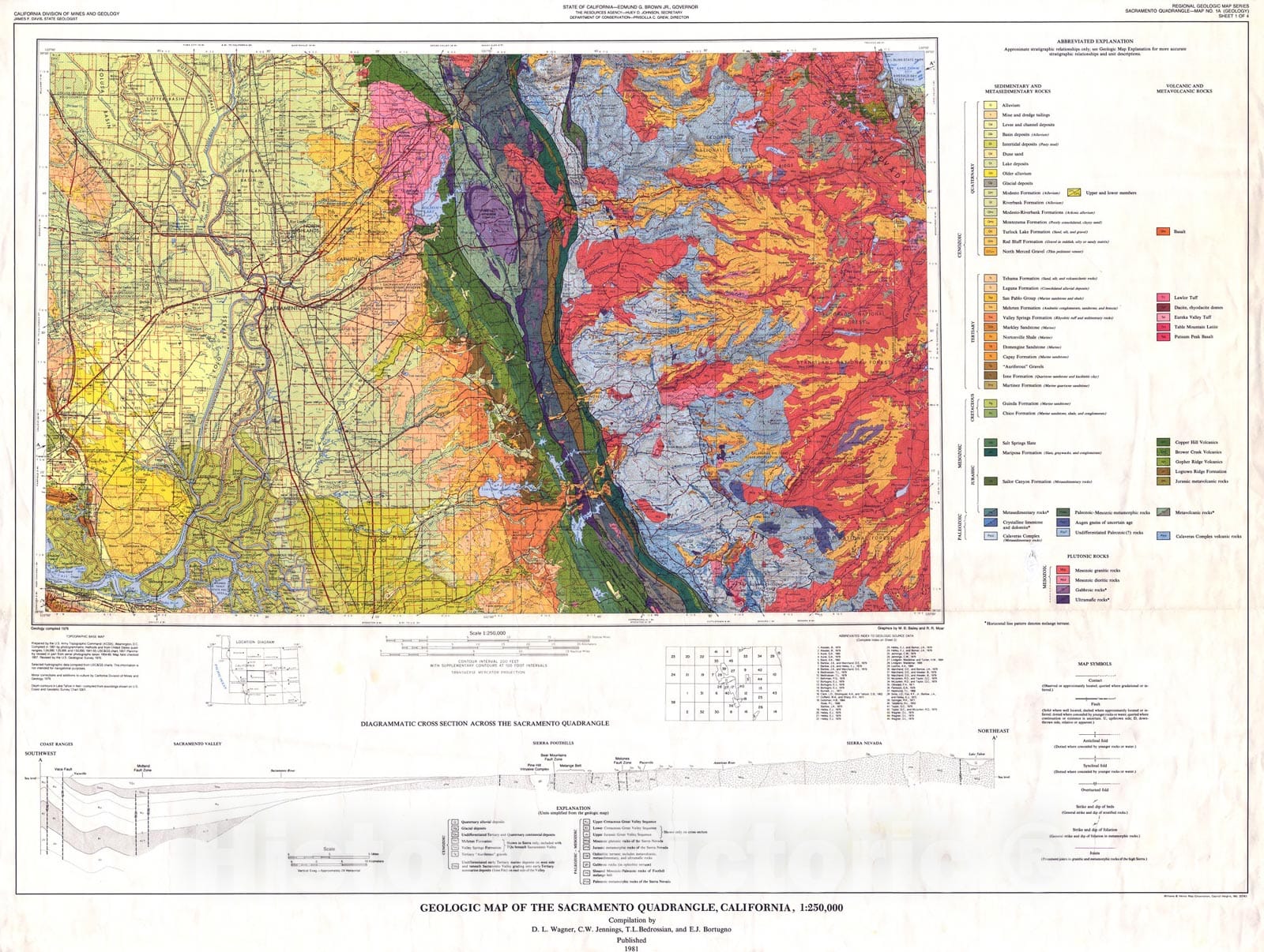 Map : Geologic map of the Sacramento quadrangle, California, 1:250,000, 1981 Cartography Wall Art :