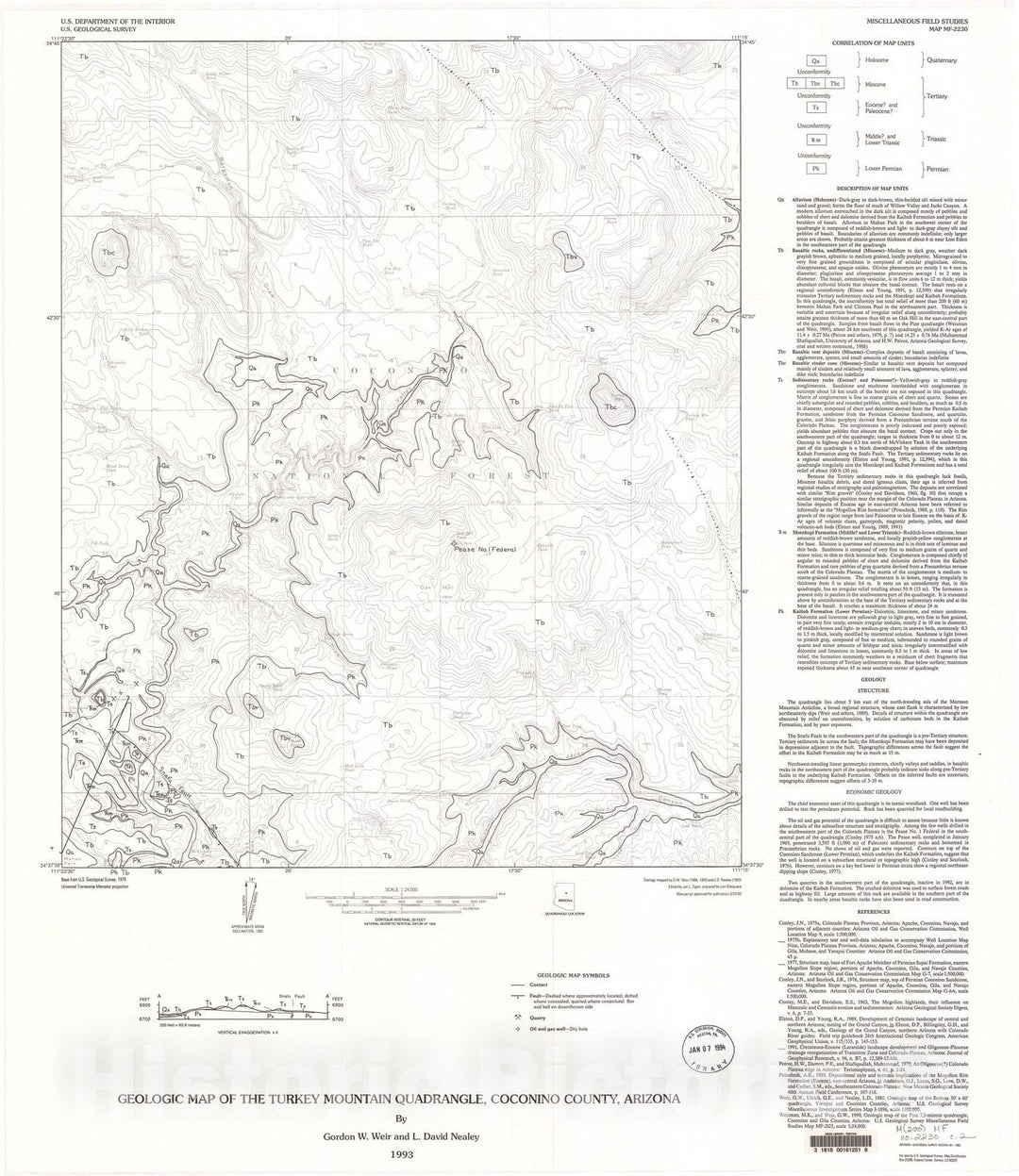 Map : Geologic map of the Turkey Mountain quadrangle, Coconino County, Arizona, 1993 Cartography Wall Art :