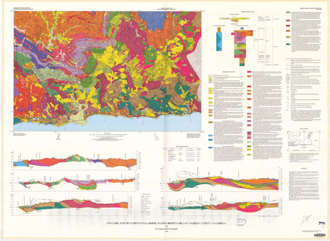 Map : Geologic map of east-central Santa Monica Mountains, Los Angeles County, California, 1980 Cartography Wall Art :