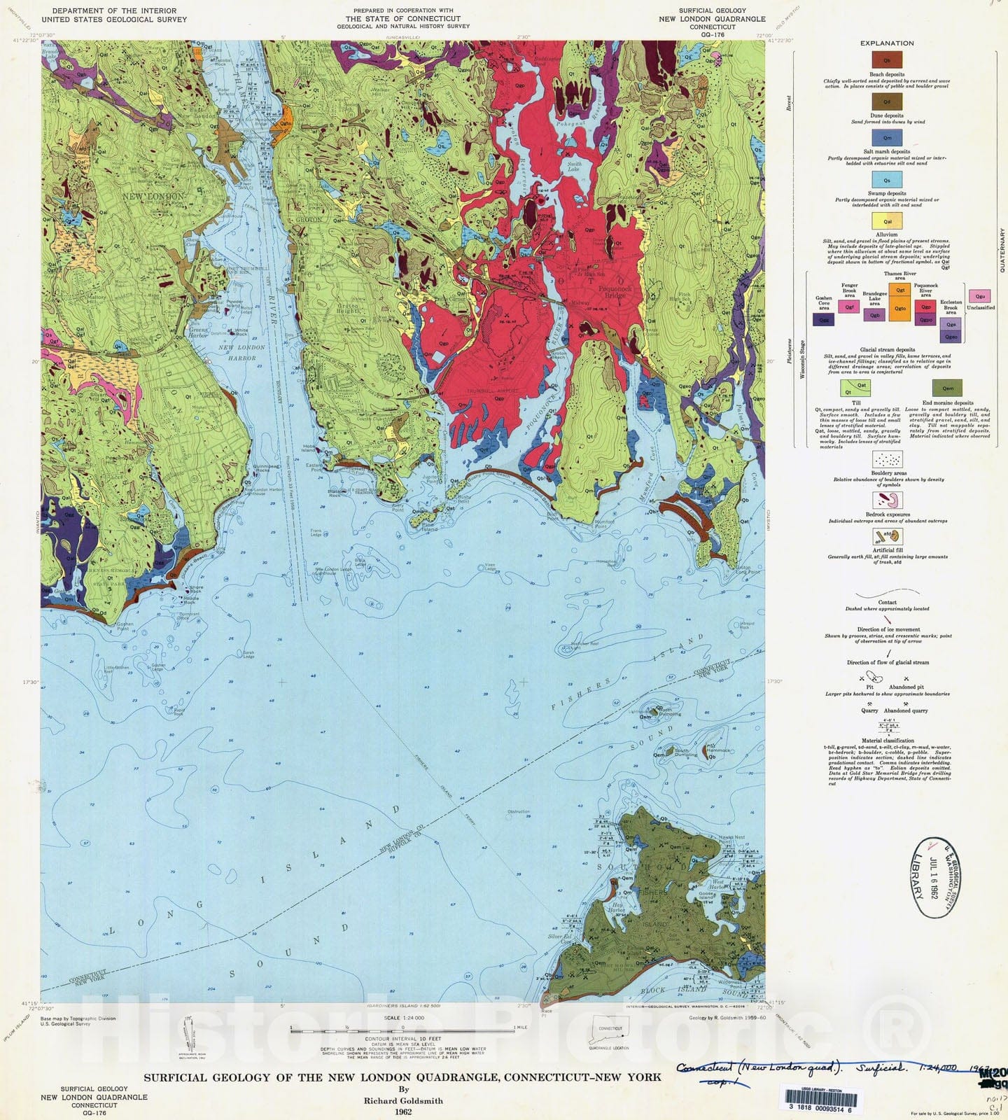 Map : Surficial geology of the New London quadrangle, Connecticut-New York, 1962 Cartography Wall Art :