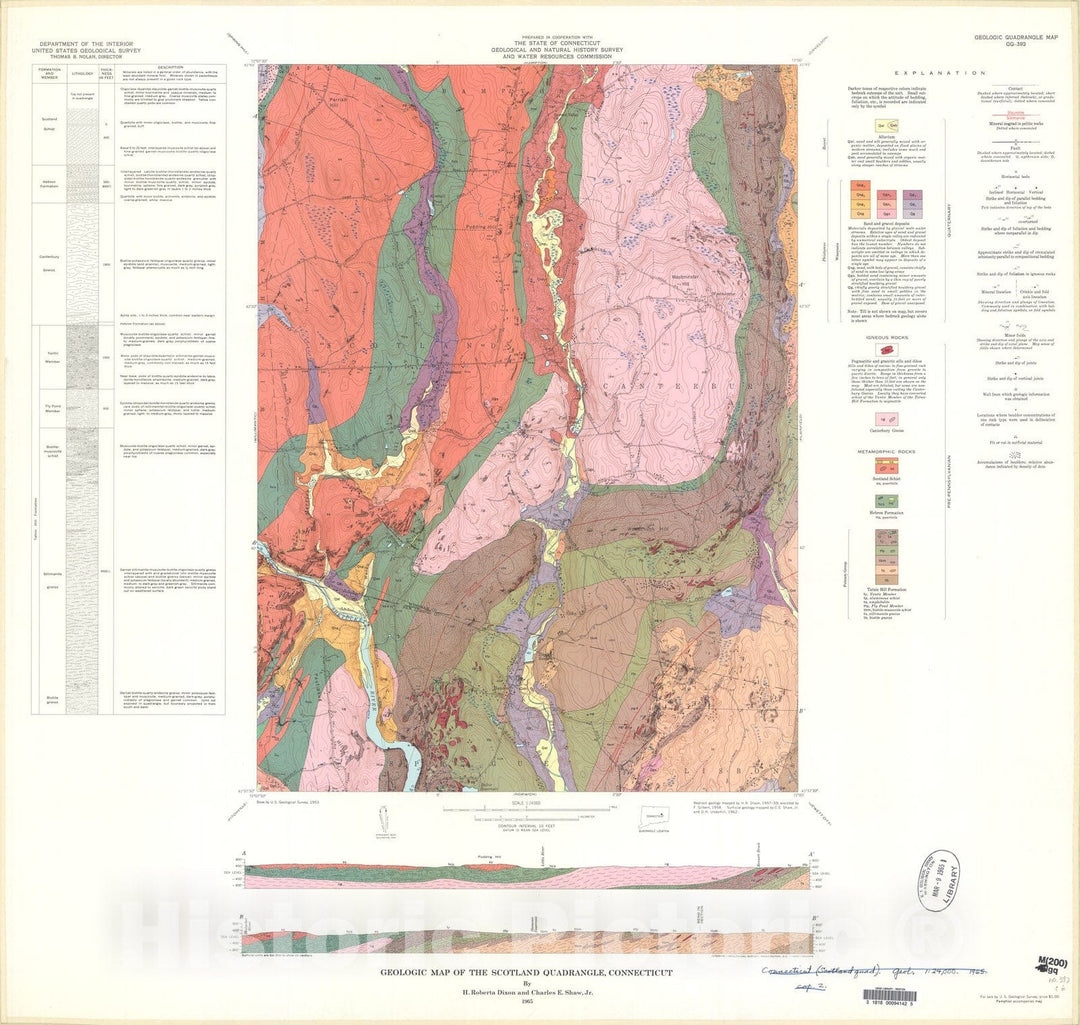 Map : Geologic map of the Scotland quadrangle, Connecticut, 1965 Cartography Wall Art :