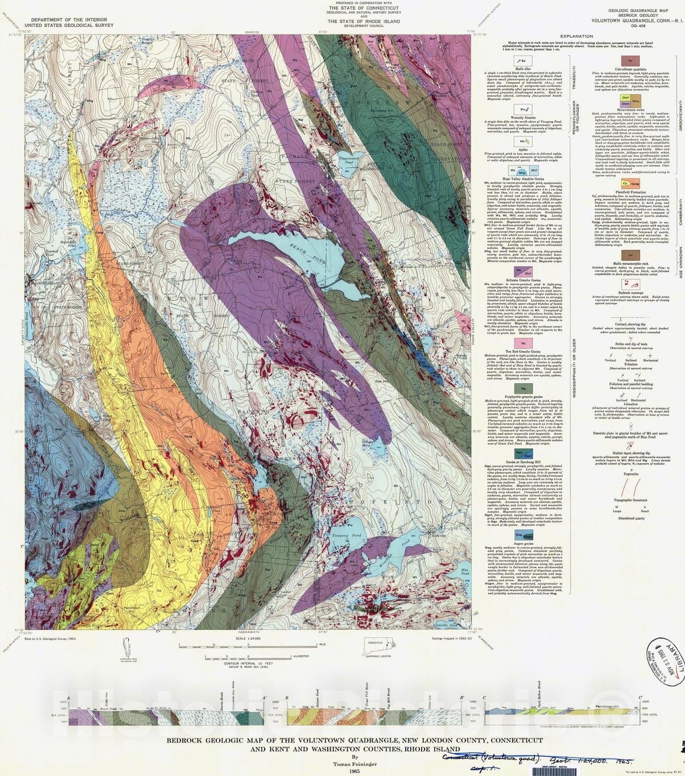 Map : Bedrock geologic map of the Voluntown quadrangle, New London County, Connecticut and Kent and Washington Counties, Rhode Island, 1965 Cartography Wall Art :