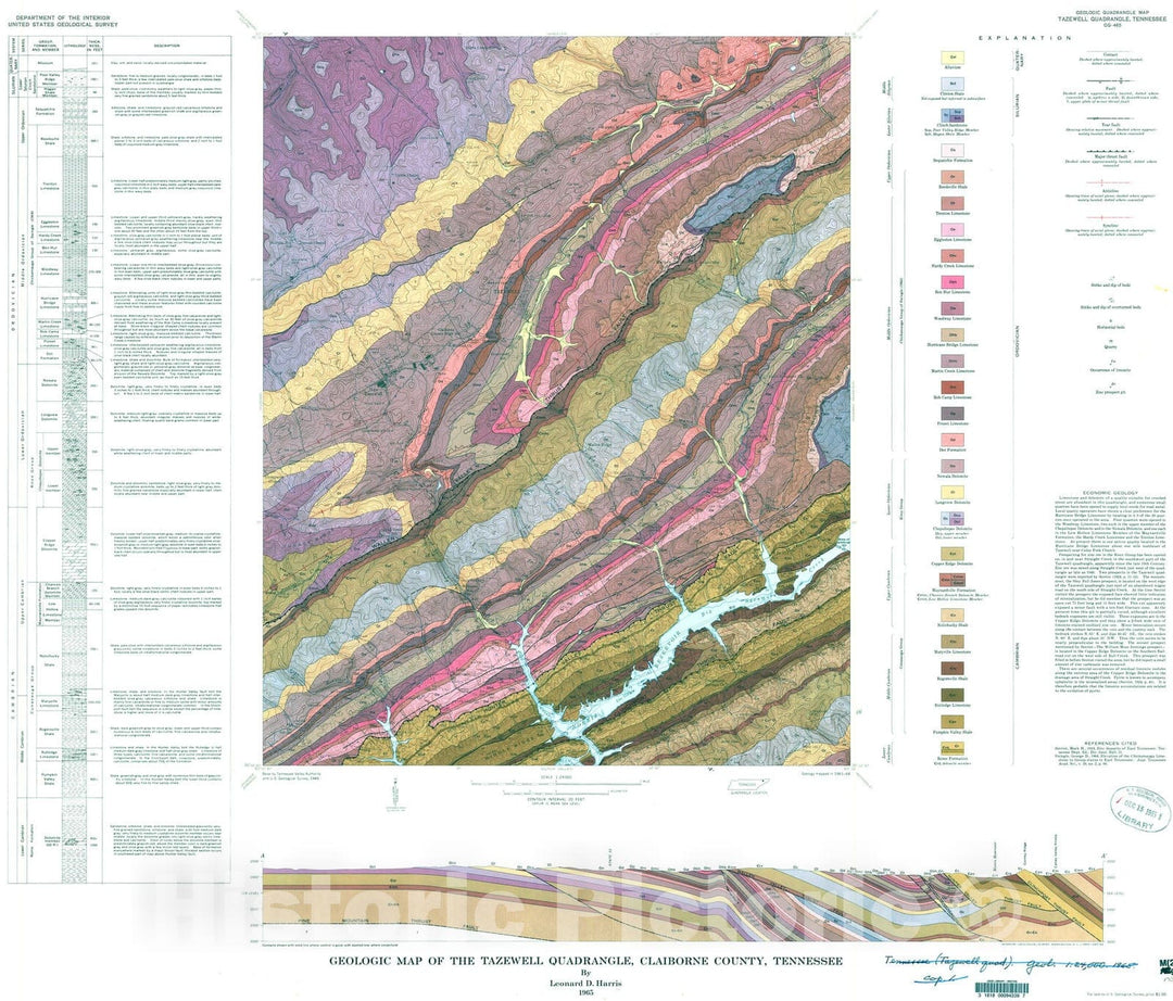 Map : Geologic map of the Tazewell quadrangle, Claiborne County, Tennessee, 1965 Cartography Wall Art :