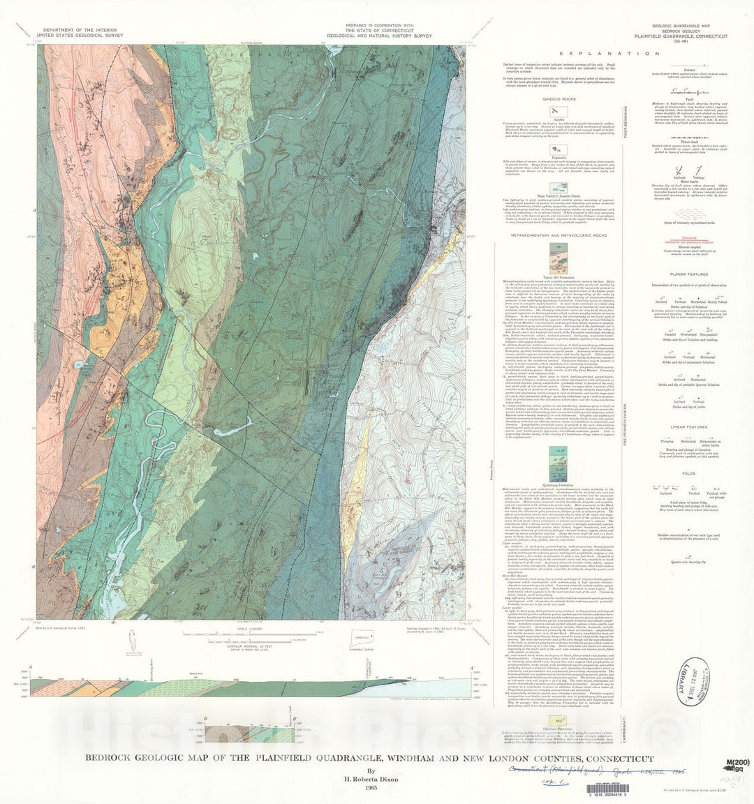 Map : Bedrock geologic map of the Plainfield quadrangle, Windham and New London Counties, Connecticut, 1965 Cartography Wall Art :