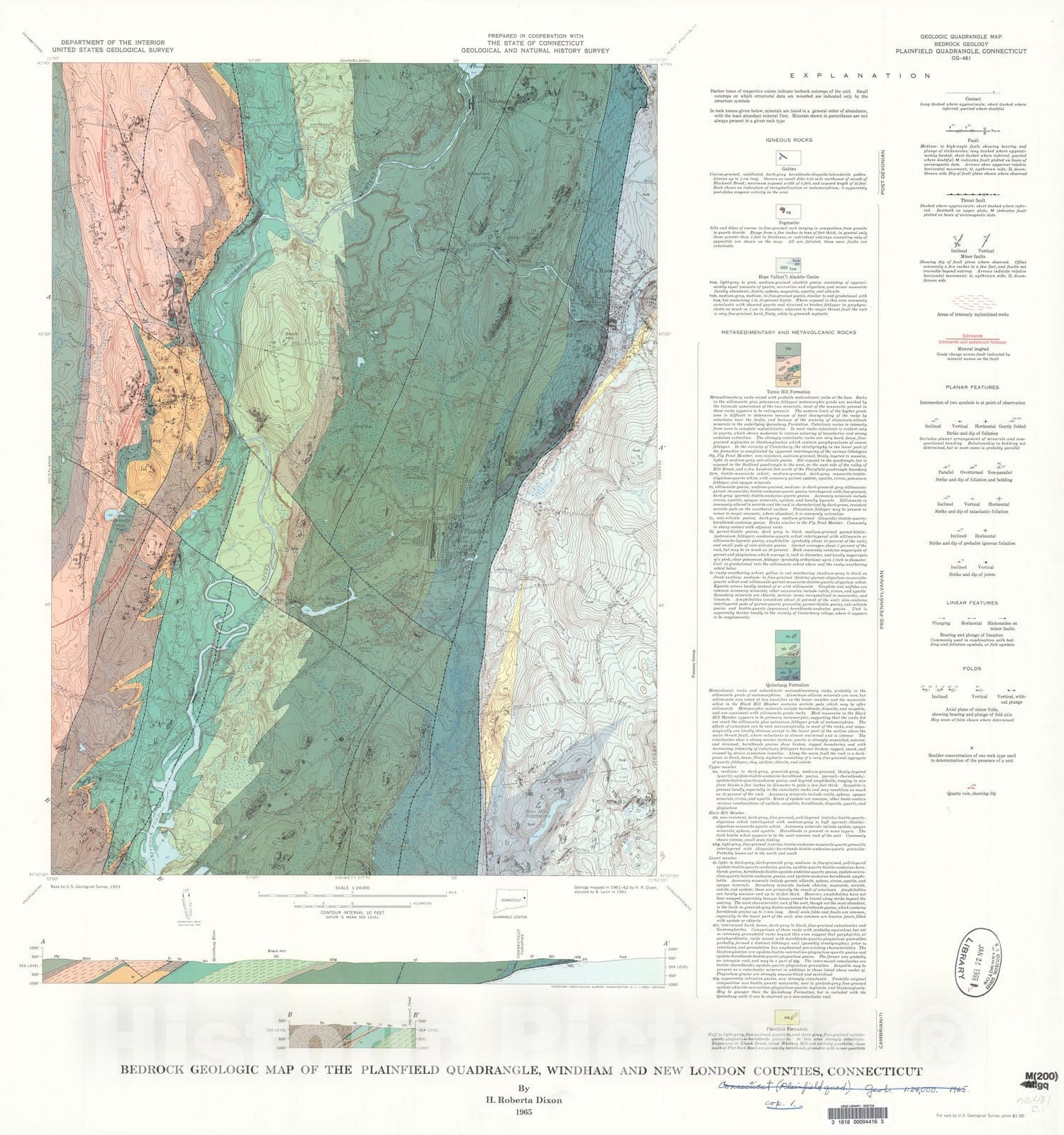 Map : Bedrock geologic map of the Plainfield quadrangle, Windham and New London Counties, Connecticut, 1965 Cartography Wall Art :