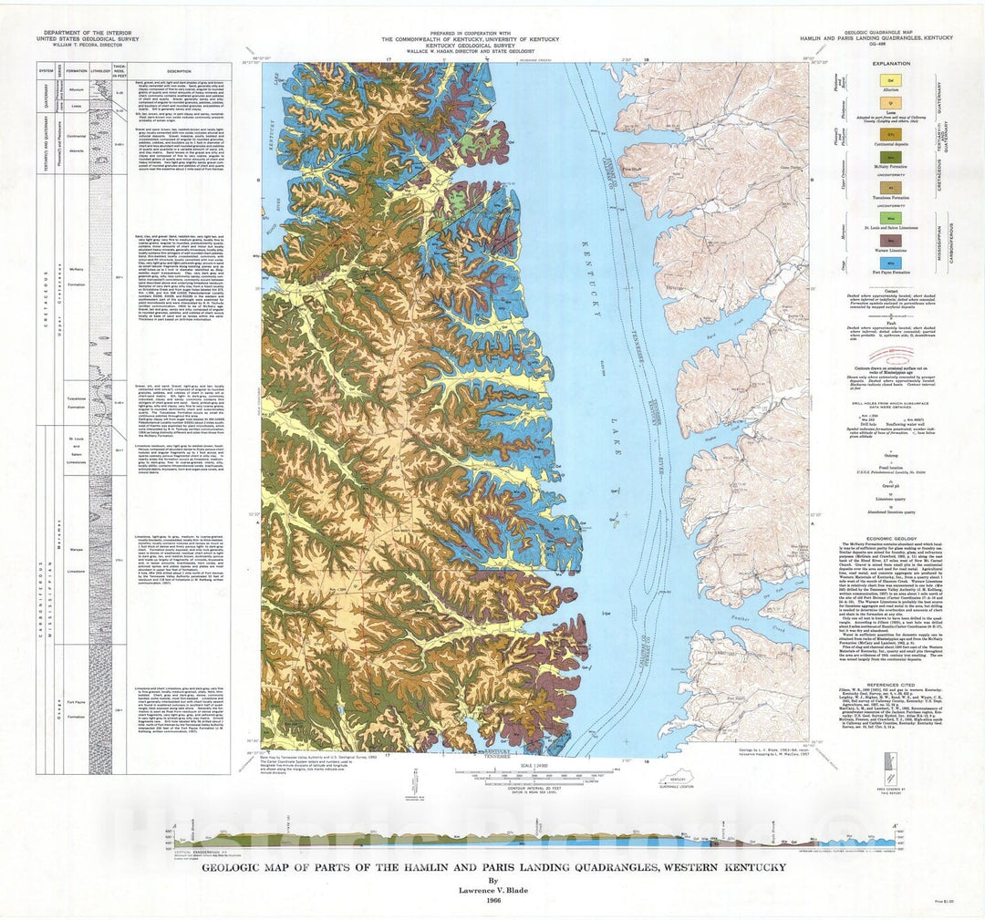 Map : Geologic map of parts of the Hamlin and Paris Landing quadrangles, western Kentucky, 1966 Cartography Wall Art :