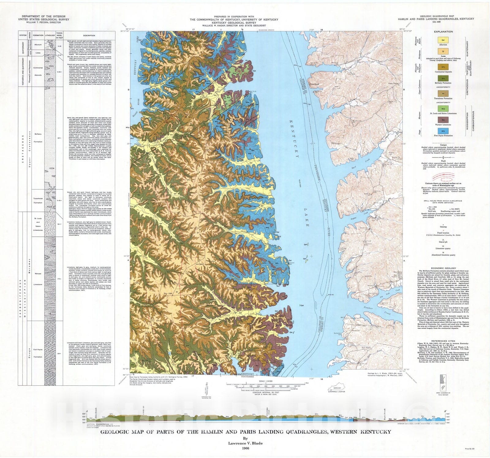 Map : Geologic map of parts of the Hamlin and Paris Landing quadrangles, western Kentucky, 1966 Cartography Wall Art :