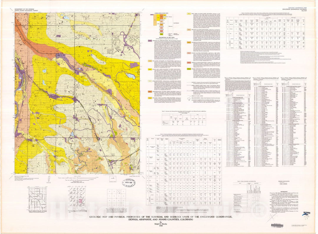 Map : Geologic map and physical properties of the surficial and bedrock units of the Englewood quadrangle, Denver, Arapahoe, and Adams Counties, Colorado, 1980 Cartography Wall Art :