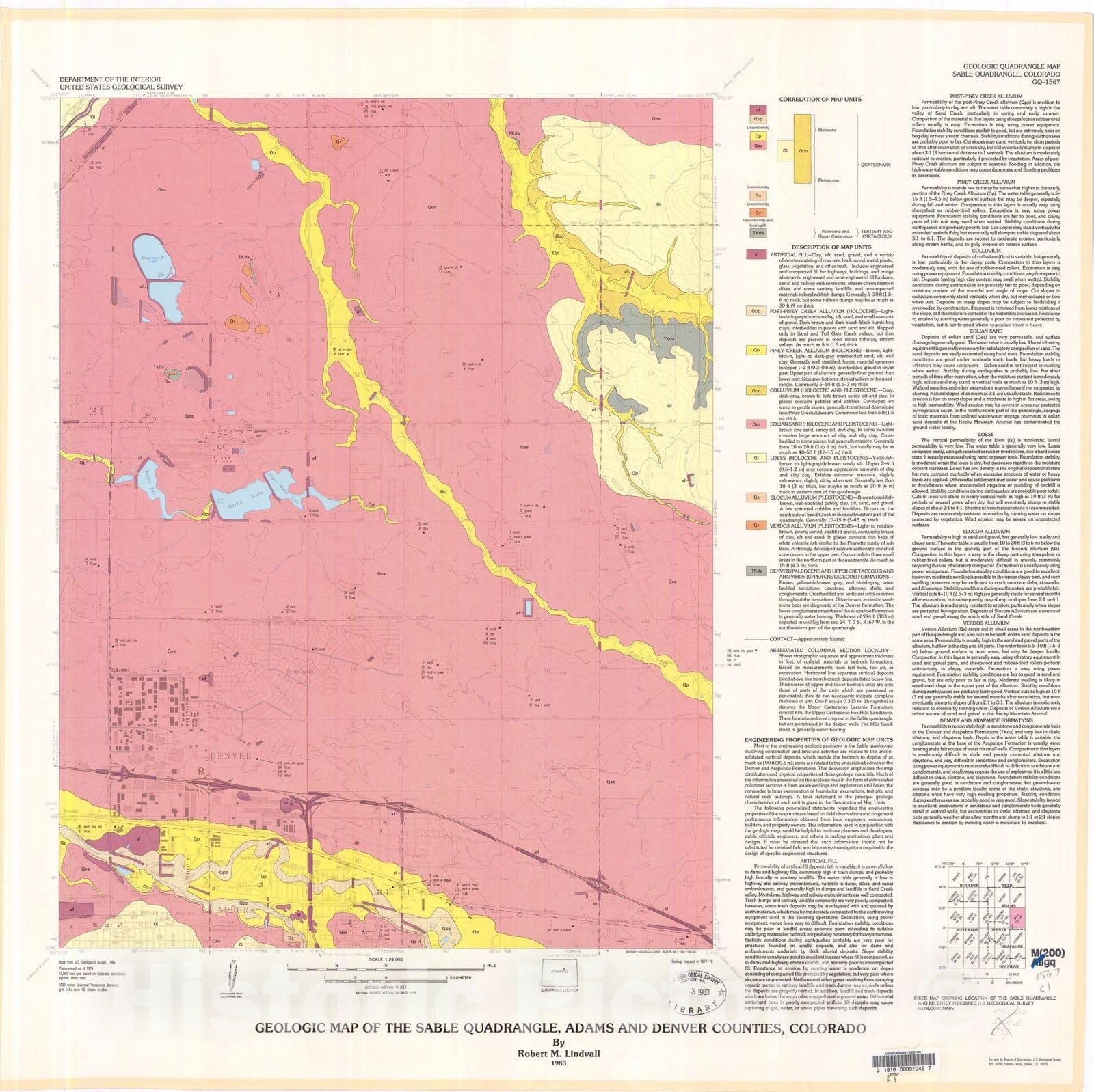 Map : Geologic map of the Sable quadrangle, Adams and Denver Counties, Colorado, 1983 Cartography Wall Art :