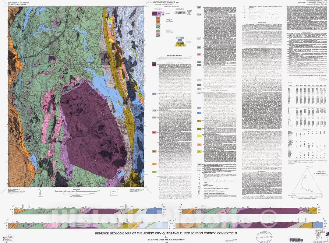 Map : Bedrock geologic map of the Jewett City quadrangle, New London, Connecticut, 1986 Cartography Wall Art :