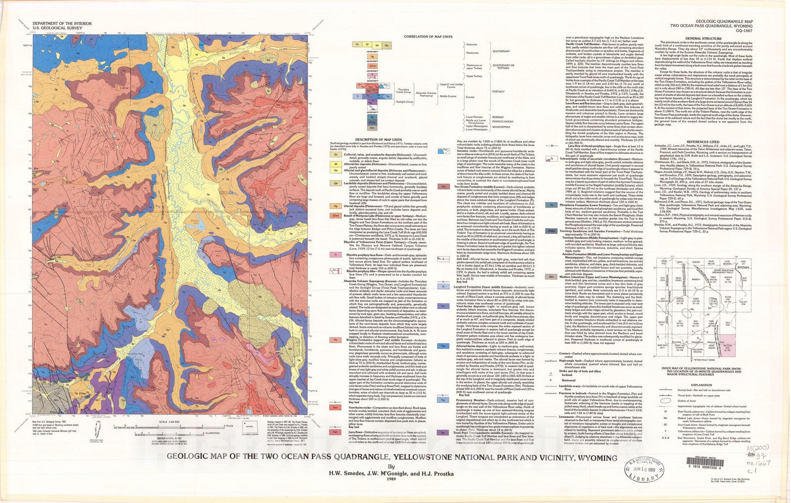 Map : Geologic map of the Two Ocean Pass quadrangle, Yellowstone National Park and vicinity, Wyoming, 1989 Cartography Wall Art :